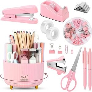 Pink Desk Accessories 10Pcs, Rotating Pen Holder for Desk, Stapler, Staple Remov